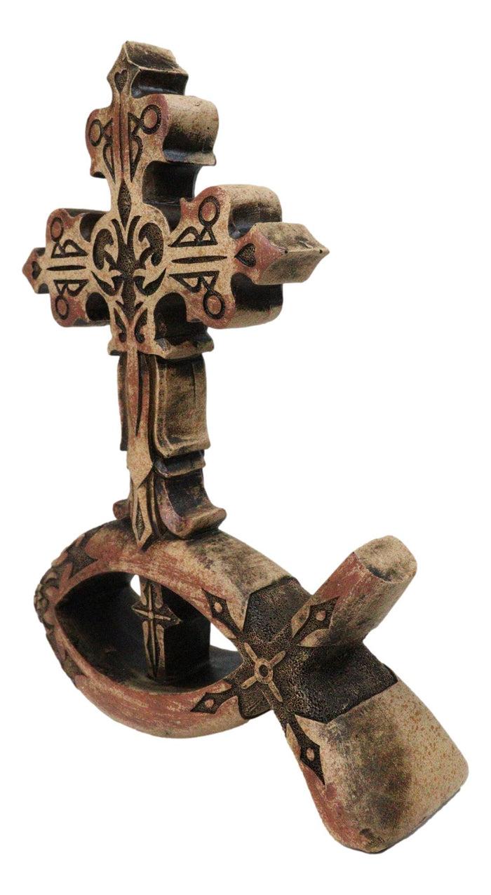 Ebros Gift Christian Tuscany Scrollwork Cross On Jesus Fish Ichthys Base Faux Wood Figurine