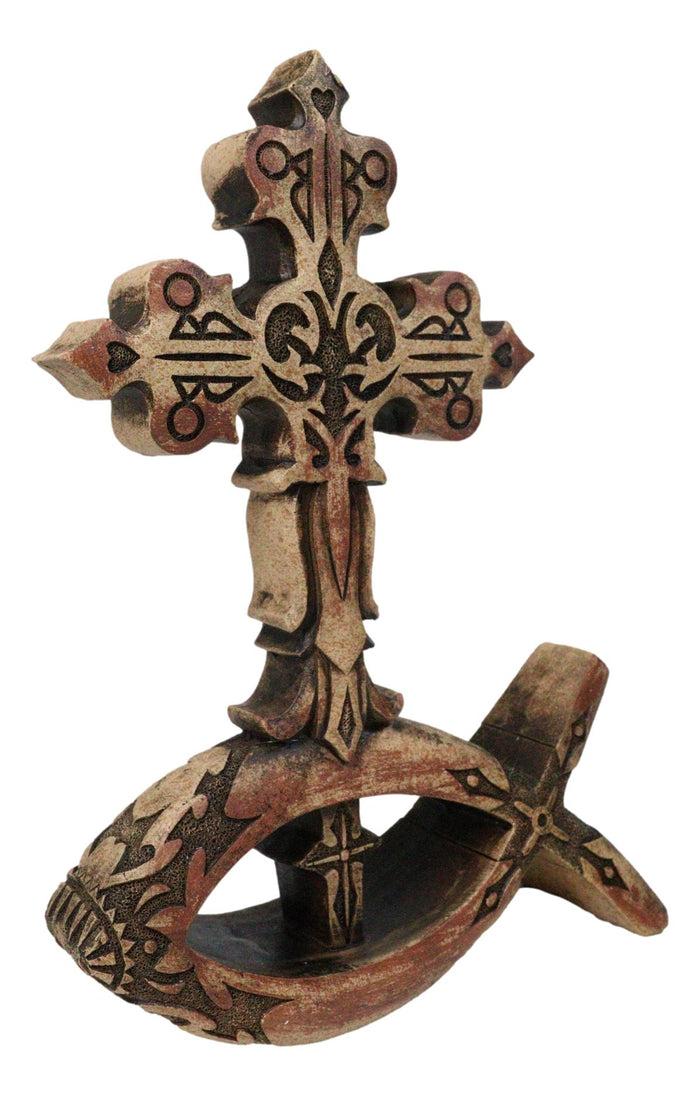 Ebros Gift Christian Tuscany Scrollwork Cross On Jesus Fish Ichthys Base Faux Wood Figurine