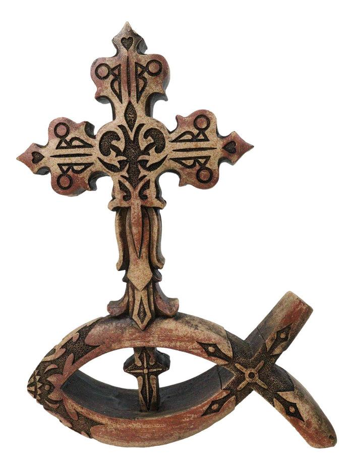 ebros gift Christian Tuscany Scrollwork Cross On Jesus Fish Ichthys Base Faux Wood Figurine