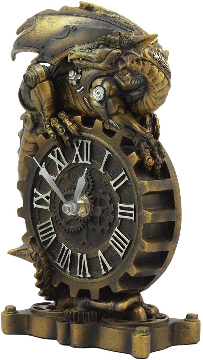 Ebros Gift Chronos Resting Steampunk Cyborg Dragon Table Clock Statue Painted Gearwork Art