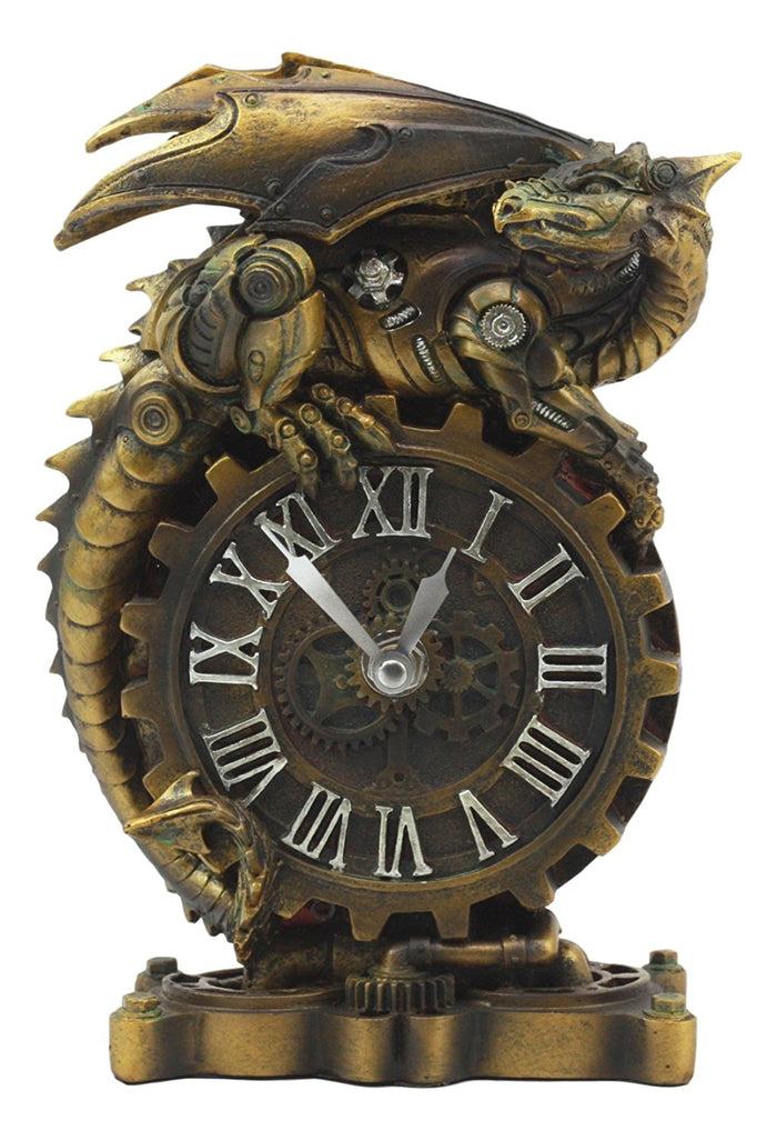 ebros gift Chronos Resting Steampunk Cyborg Dragon Table Clock Statue Painted Gearwork Art