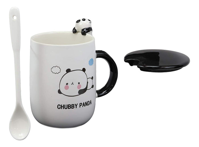 Ebros Gift Chubby Baby Giant Panda Bear Ceramic Coffee Tea Mug Drink Cup With Spoon And Lid