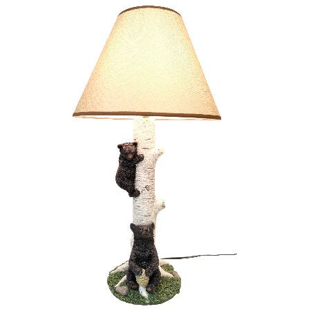 Ebros Gift Climbing Black Bear Cub On Birchwood Tree With Mother And Beehive Table Lamp