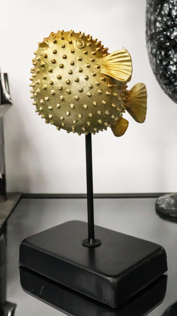 ebros gift Coastal Marine Faux Taxidermy Golden Pufferfish Fish Sculpture On Pole Mount