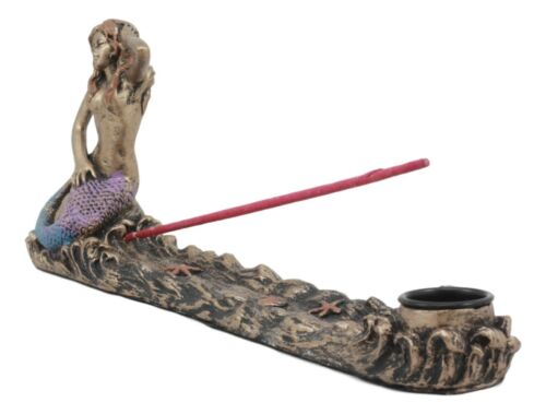 Ebros Gift Coastal Sun Bathing Mermaid Over Ocean Waves Candle Holder Incense Burner