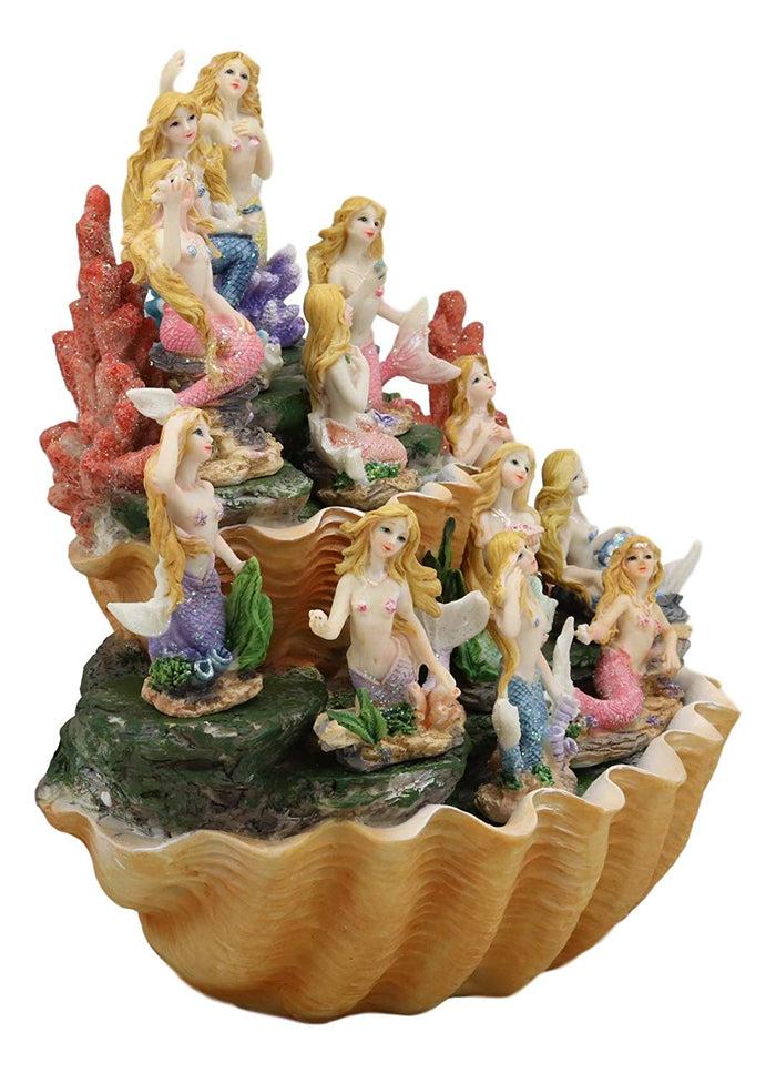 Ebros Gift Colorful 2 Tier Golden Giant Clam Shells LED Display Stand With 12 Mini Mermaids