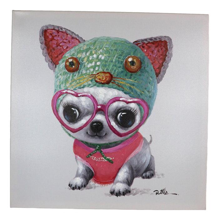 Ebros Gift Colorful Chihuahua Puppy Dog With Pink Heart Glasses Canvas Wooden Picture Frame