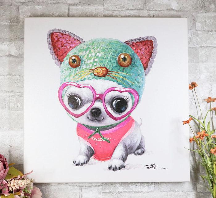 ebros gift Colorful Chihuahua Puppy Dog With Pink Heart Glasses Canvas Wooden Picture Frame
