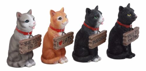 Ebros Gift Colorful Feisty Cats Figurine Set 4"H Feline Cats And Kittens Wearing Tag Signs