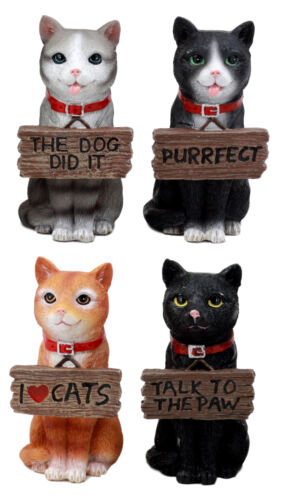 ebros gift Colorful Feisty Cats Figurine Set 4"H Feline Cats And Kittens Wearing Tag Signs