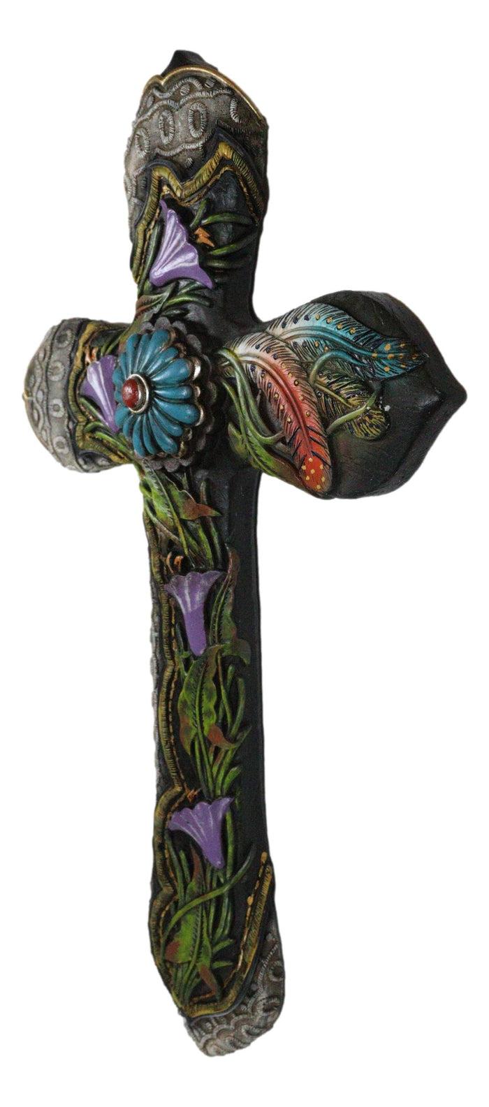 Ebros Gift Colorful Floral Blooms And Vines With Southwestern Feathers Wall Cross Plaque