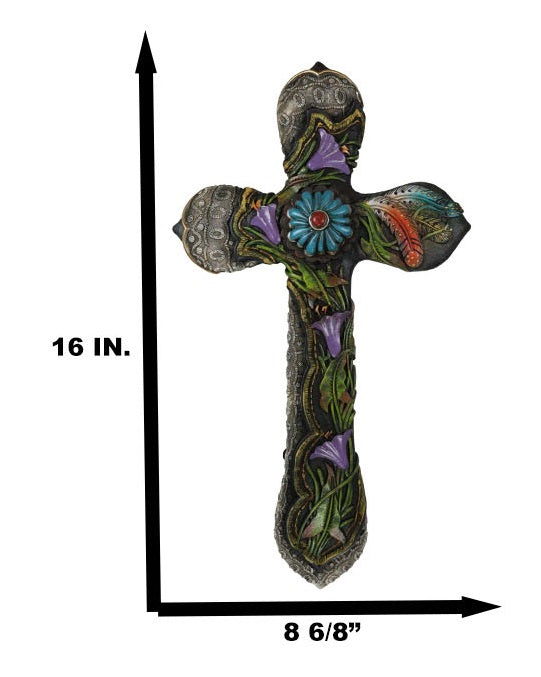Ebros Gift Colorful Floral Blooms And Vines With Southwestern Feathers Wall Cross Plaque