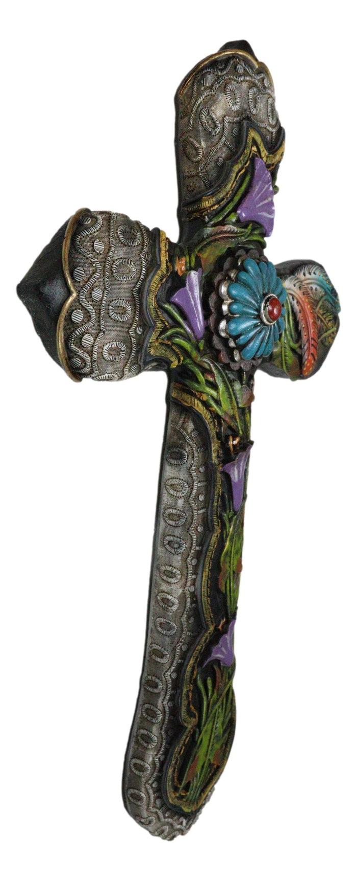 Ebros Gift Colorful Floral Blooms And Vines With Southwestern Feathers Wall Cross Plaque