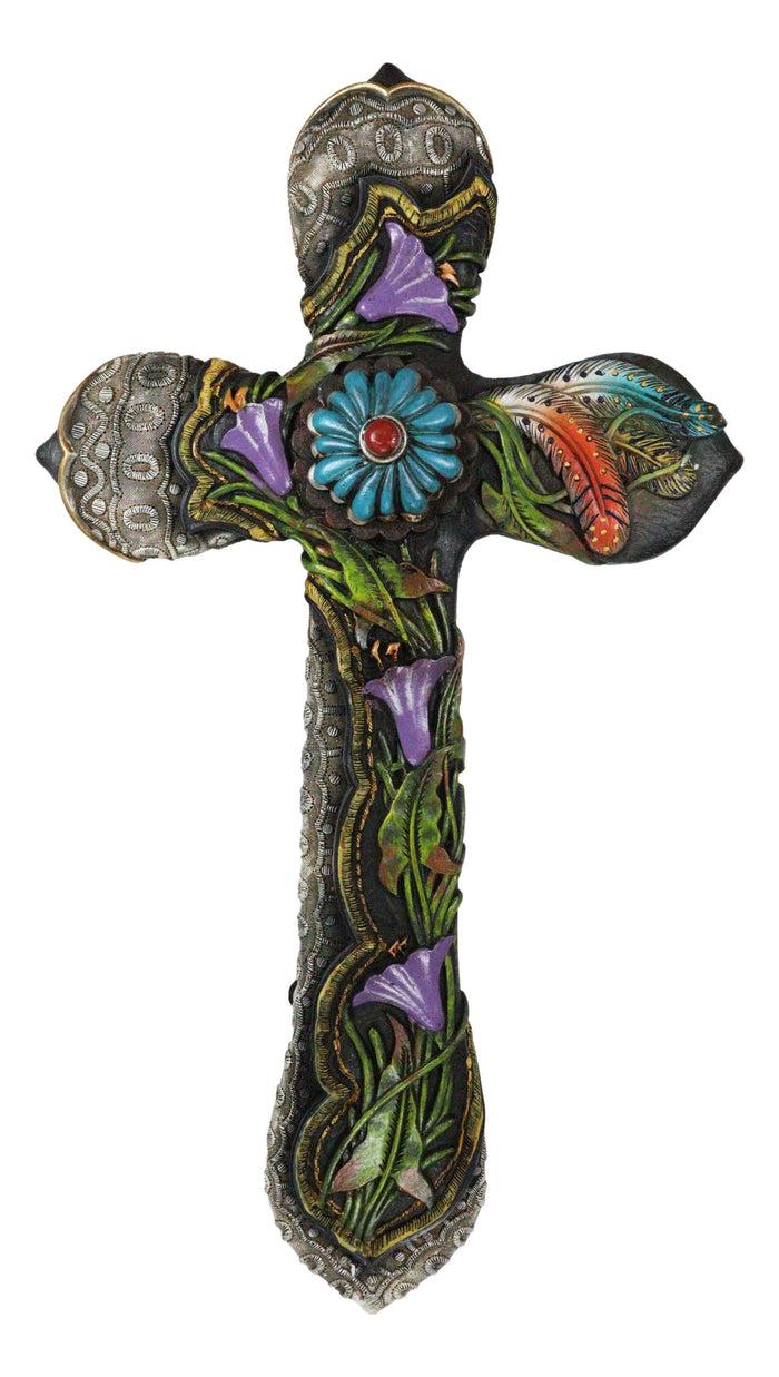 ebros gift Colorful Floral Blooms And Vines With Southwestern Feathers Wall Cross Plaque