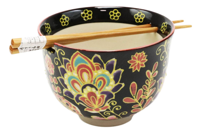 Ebros Gift Colorful Floral Summer Blossoms On Black Ramen Soup Bowl With Chopsticks Set