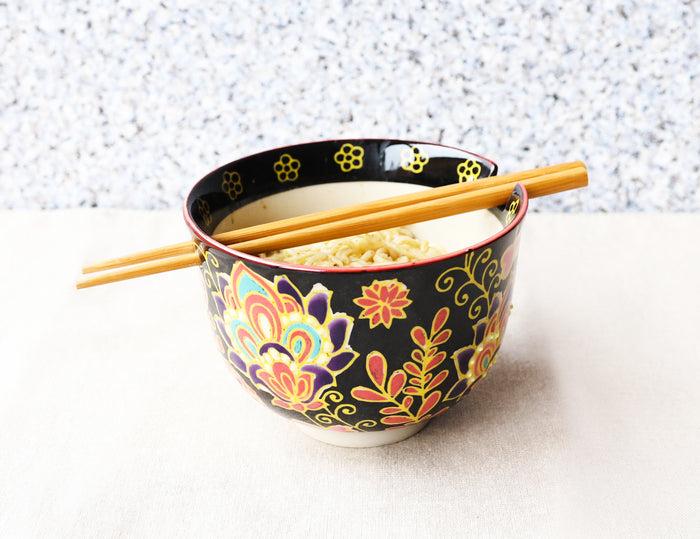 Ebros Gift Colorful Floral Summer Blossoms On Black Ramen Soup Bowl With Chopsticks Set