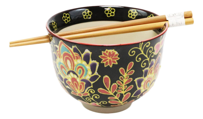 Ebros Gift Colorful Floral Summer Blossoms On Black Ramen Soup Bowl With Chopsticks Set