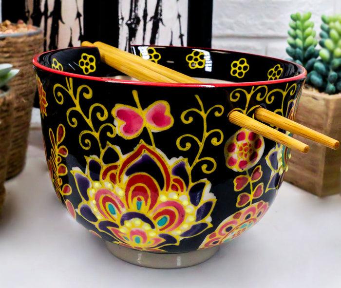 ebros gift Colorful Floral Summer Blossoms On Black Ramen Soup Bowl With Chopsticks Set