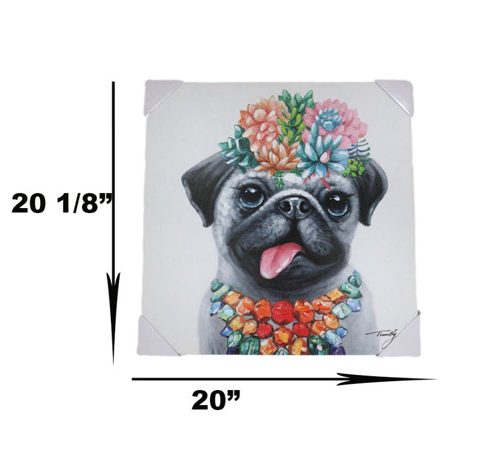 Ebros Gift Colorful Hawaiian Pug Puppy With Flowers Canvas Wooden Picture Frame 20"X20"