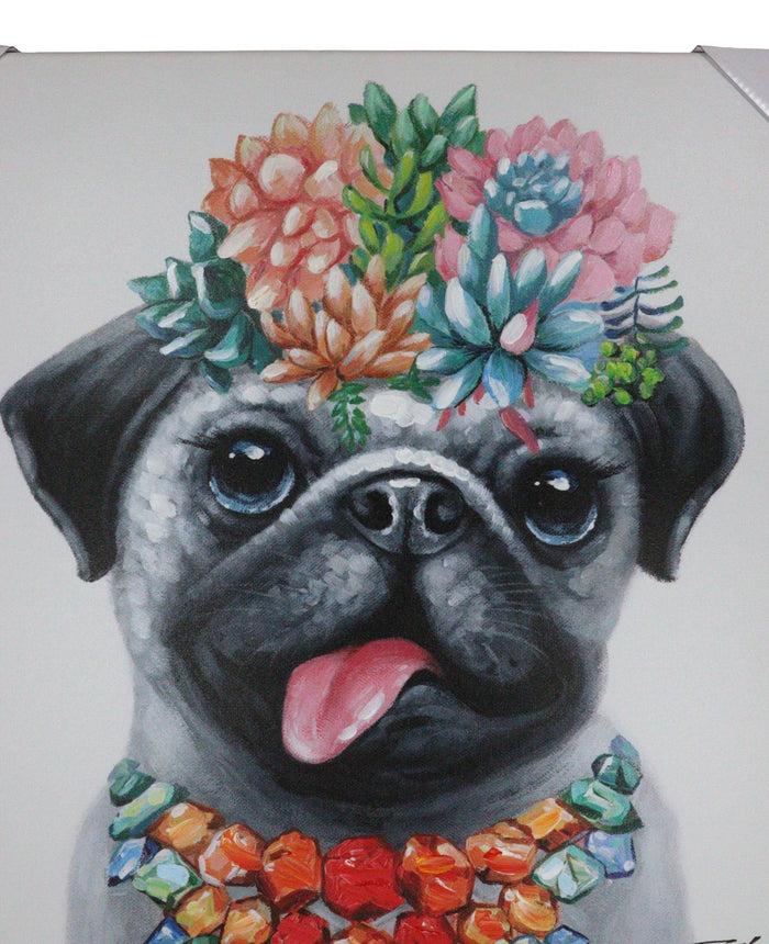 Ebros Gift Colorful Hawaiian Pug Puppy With Flowers Canvas Wooden Picture Frame 20"X20"