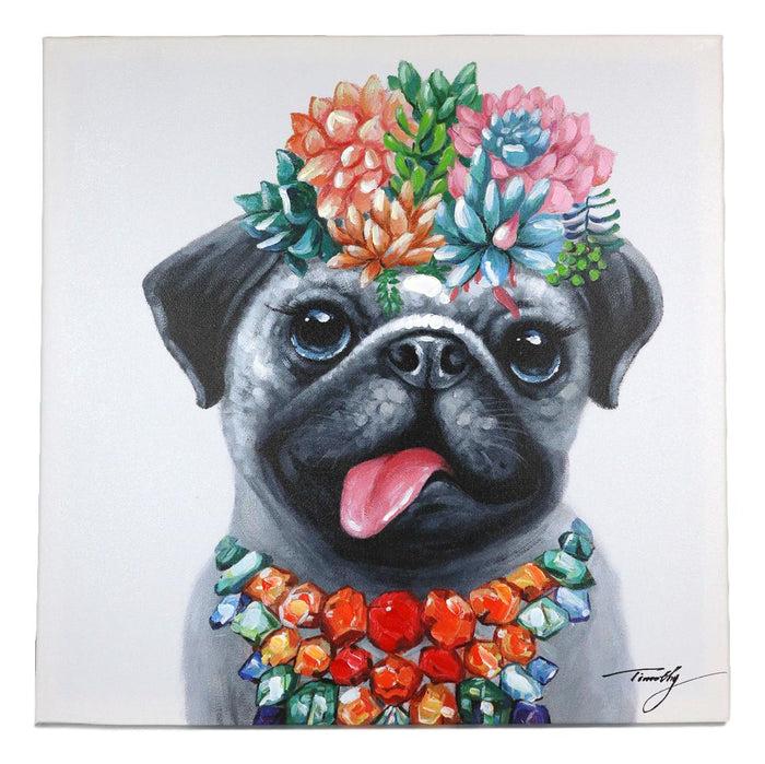 Ebros Gift Colorful Hawaiian Pug Puppy With Flowers Canvas Wooden Picture Frame 20"X20"