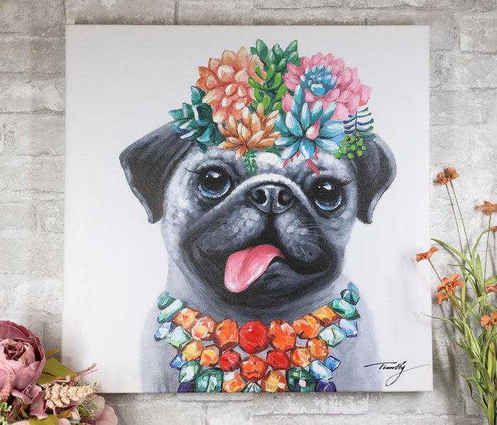 ebros gift Colorful Hawaiian Pug Puppy With Flowers Canvas Wooden Picture Frame 20"X20"
