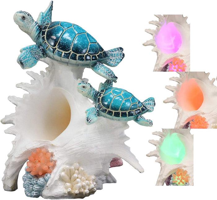 Ebros Gift Colorful Nautical Sea Turtle Family Swimming By Big Conch With LED Light Statue