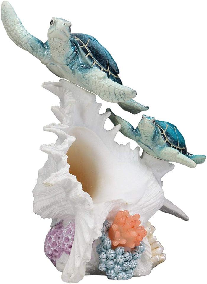 Ebros Gift Colorful Nautical Sea Turtle Family Swimming By Big Conch With LED Light Statue