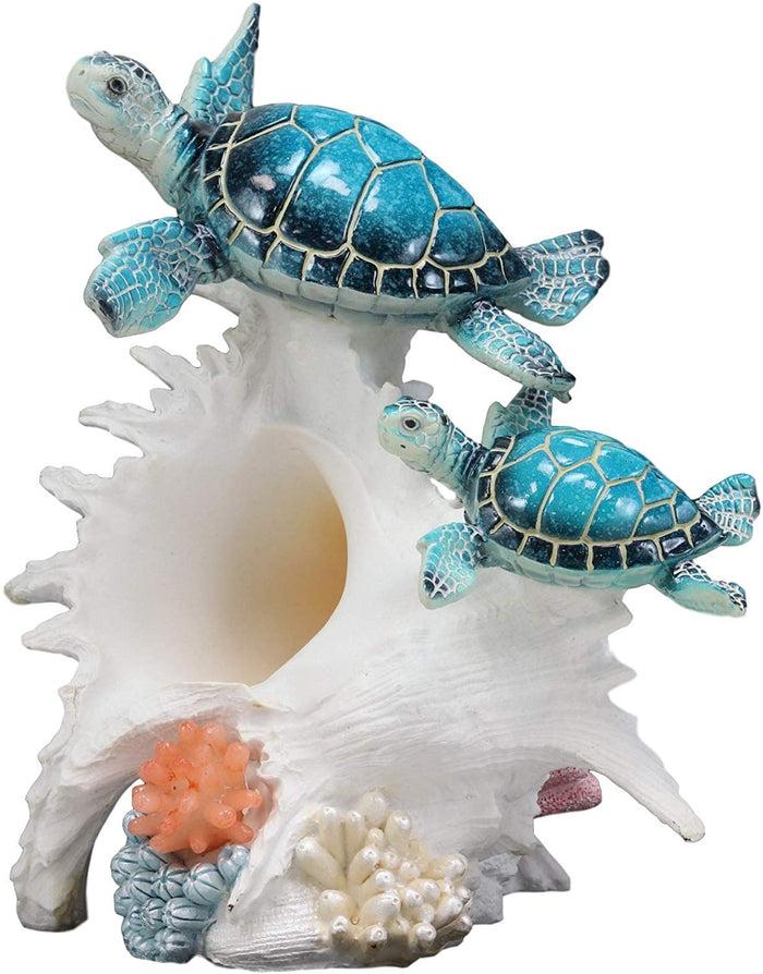Ebros Gift Colorful Nautical Sea Turtle Family Swimming By Big Conch With LED Light Statue