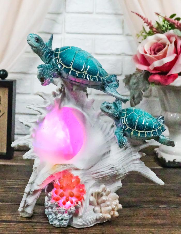 ebros gift Colorful Nautical Sea Turtle Family Swimming By Big Conch With LED Light Statue