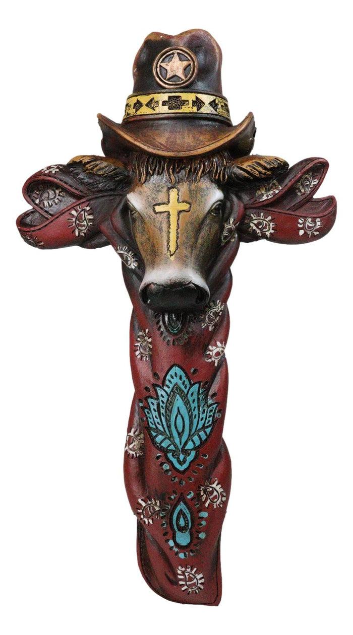 ebros gift Colorful Southwestern Cowboy Bull with Sheriff Hat and Floral Design Wall Cross