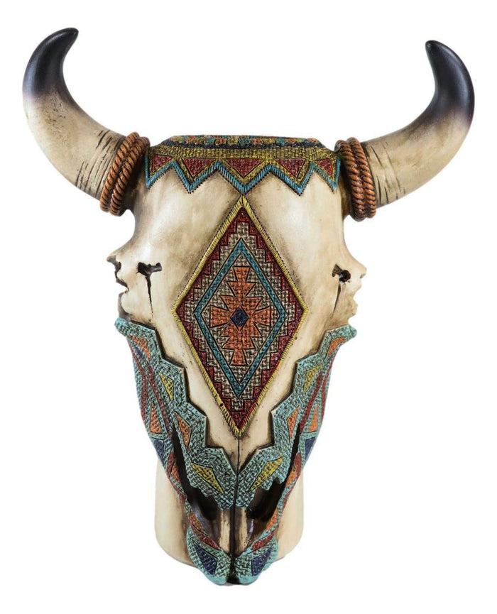 Ebros Gift Colorful Southwestern Tribal Aztec Diamond Vectors Cow Skull Vase Planter Decor