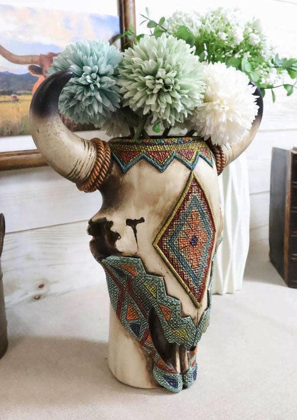 ebros gift Colorful Southwestern Tribal Aztec Diamond Vectors Cow Skull Vase Planter Decor
