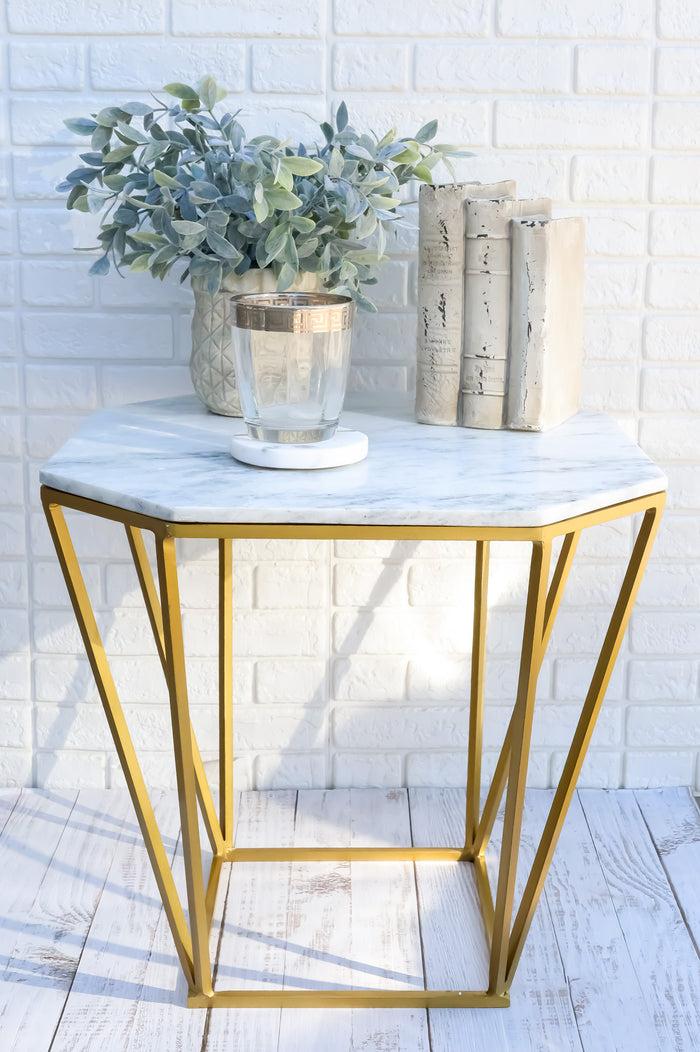 ebros gift Contemporary Brushed Gold Metal With Natural Marble Top Octagonal Side Table