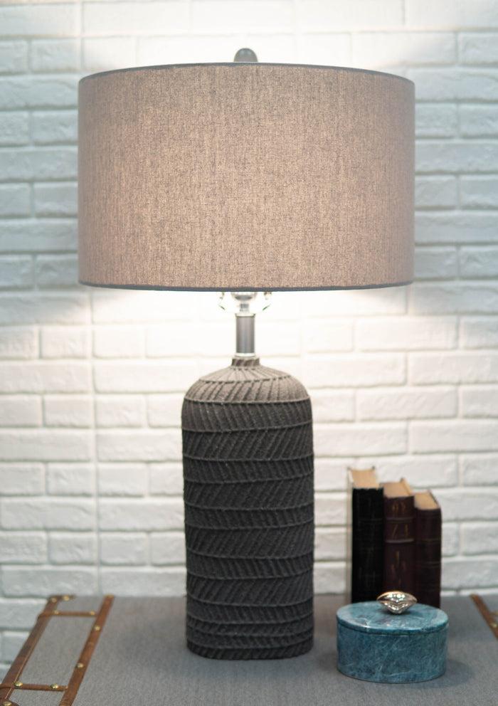 ebros gift Contemporary Grey Textured Faux Stone Finish Pillar Table Lamp Fabric Shade 26"H