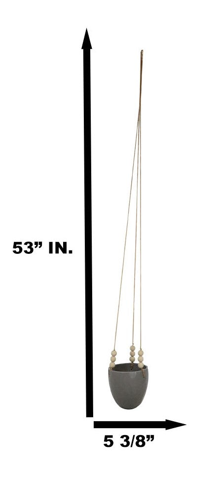 Ebros Gift Contemporary Ribbed Ceramic Grey Oval Hanging Planter Pot With Beaded Strings