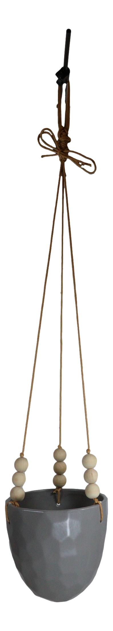 Ebros Gift Contemporary Ribbed Ceramic Grey Oval Hanging Planter Pot With Beaded Strings