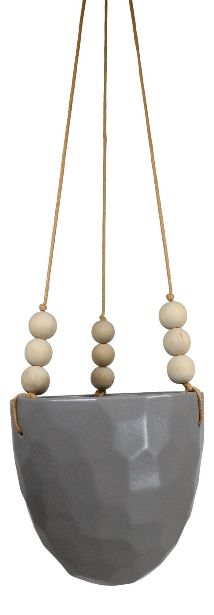 Ebros Gift Contemporary Ribbed Ceramic Grey Oval Hanging Planter Pot With Beaded Strings