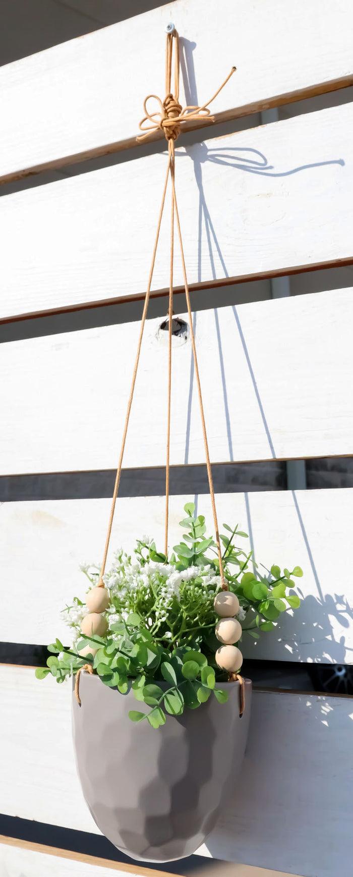 ebros gift Contemporary Ribbed Ceramic Grey Oval Hanging Planter Pot With Beaded Strings