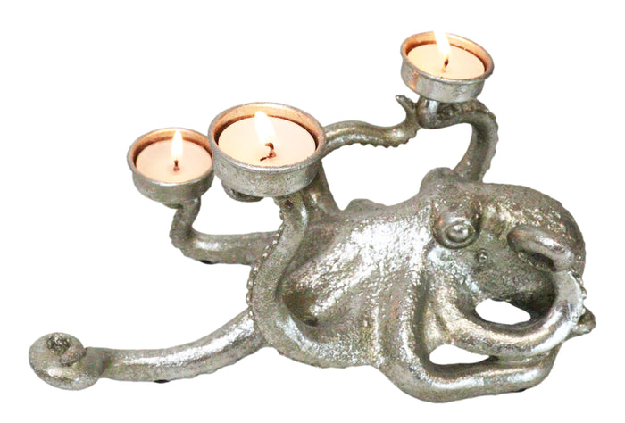 ebros gift Contemporary Silver Marine Ocean Octopus Tentacles Trio Votive Candle Holder