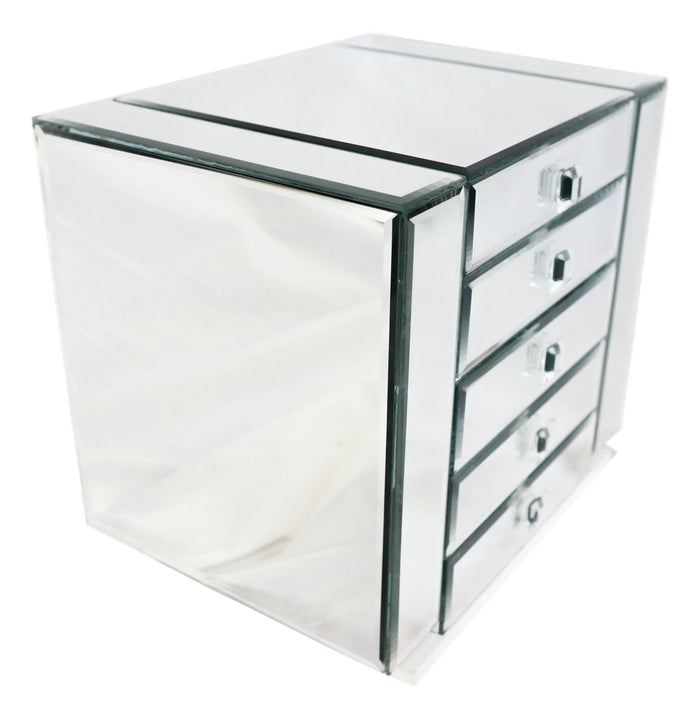 Ebros Gift Contemporary Wooden Mirrored Glass Multiple Compartments Drawers Jewelry Box