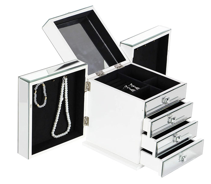 Ebros Gift Contemporary Wooden Mirrored Glass Multiple Compartments Drawers Jewelry Box