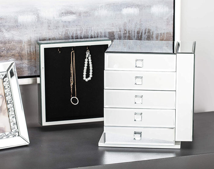 ebros gift Contemporary Wooden Mirrored Glass Multiple Compartments Drawers Jewelry Box
