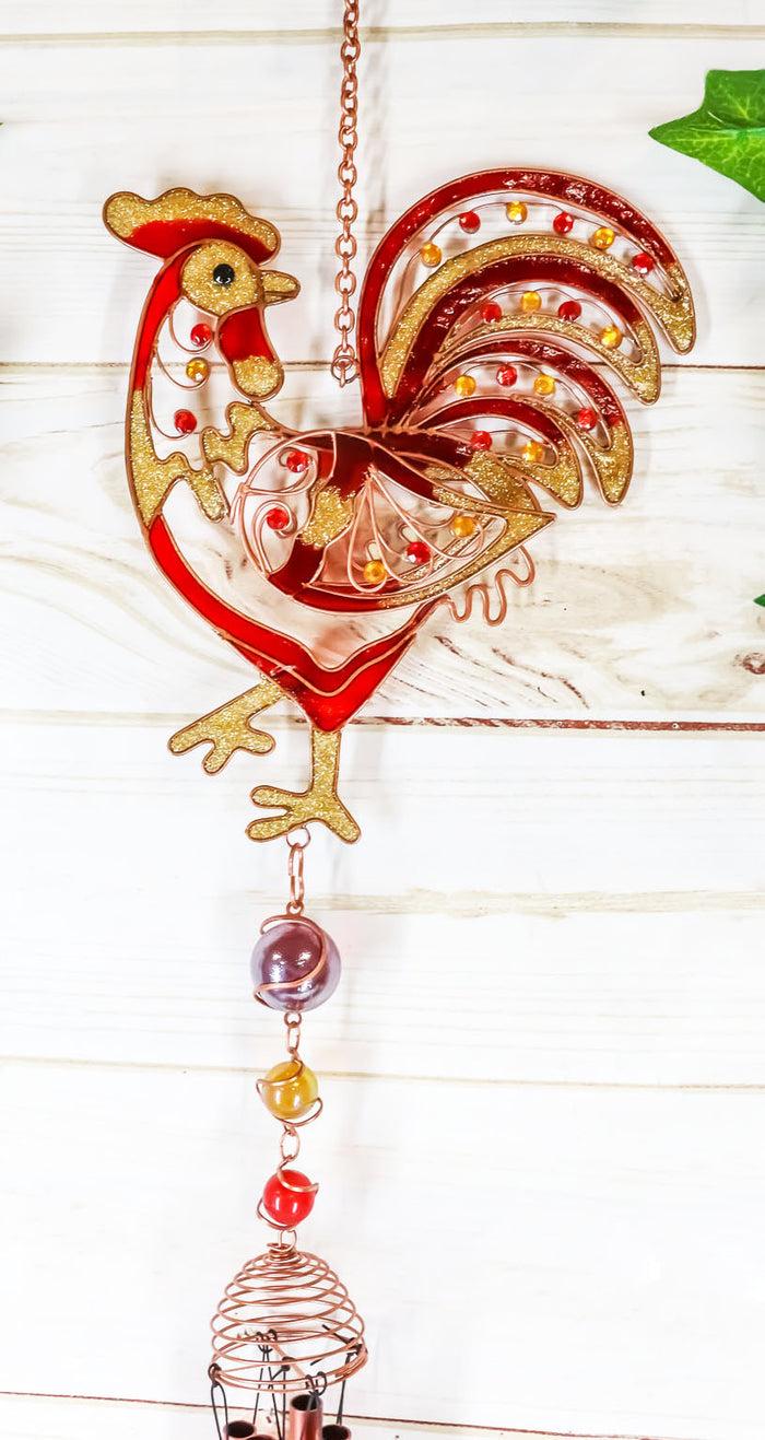 Ebros Gift Copper Rooster Wind Chime Resonant Relaxing Garden Patio Decor Colorful Gems