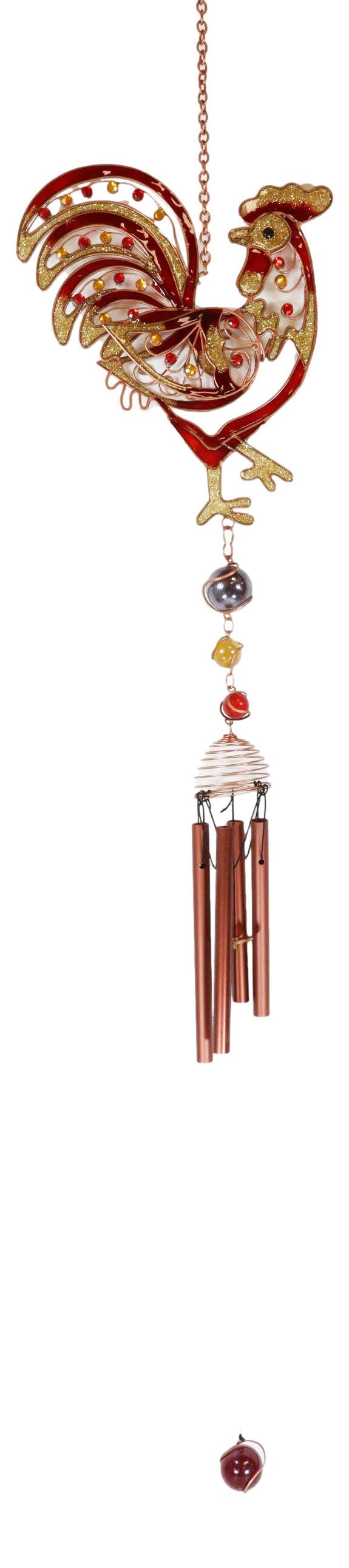 Ebros Gift Copper Rooster Wind Chime Resonant Relaxing Garden Patio Decor Colorful Gems