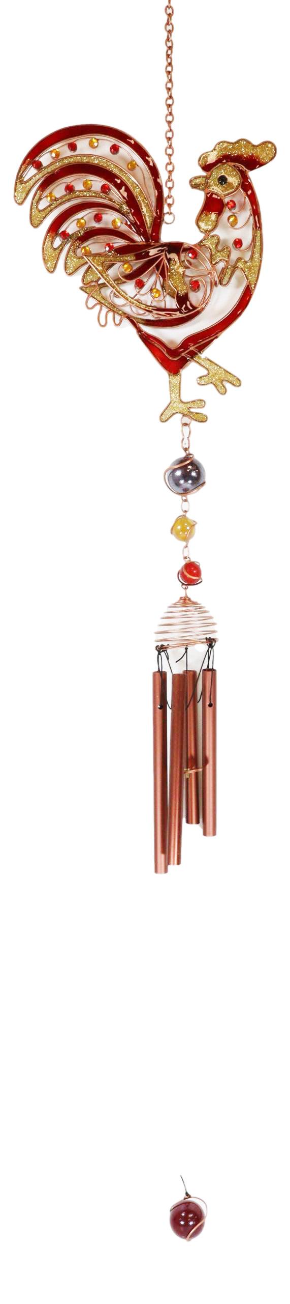 Ebros Gift Copper Rooster Wind Chime Resonant Relaxing Garden Patio Decor Colorful Gems
