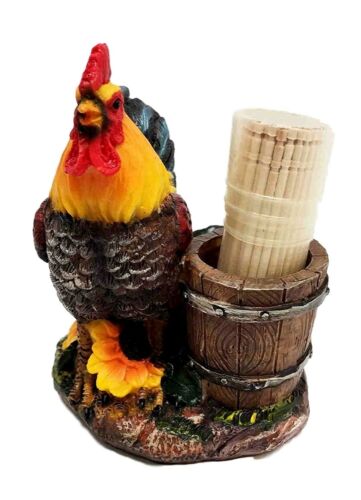 Ebros Gift Country Farm Rooster With Wooden Pail Toothpick Holder Statue With Toothpicks