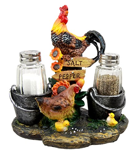 Ebros Gift Country Rooster Hen And Chicks Family Salt And Pepper Shakers Holder Set 7"H