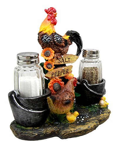 Ebros Gift Country Rooster Hen And Chicks Family Salt And Pepper Shakers Holder Set 7"H