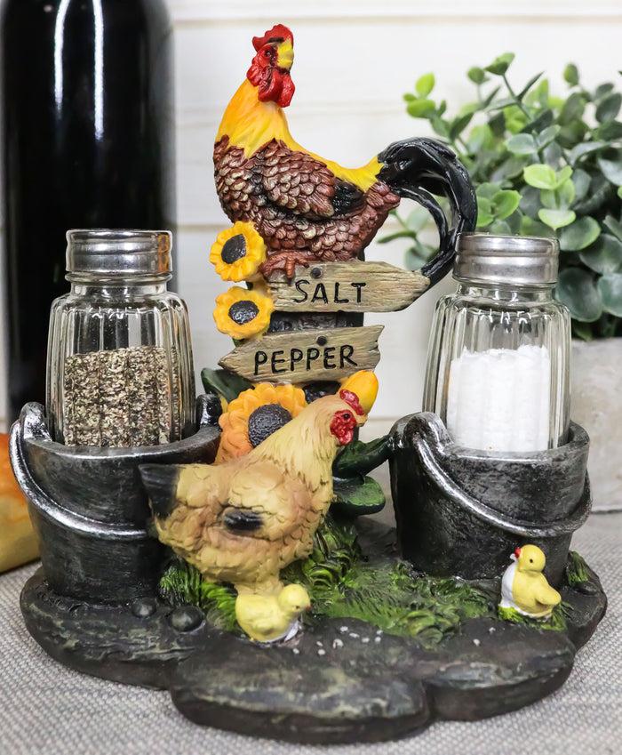 ebros gift Country Rooster Hen and Chicks Family Salt and Pepper Shakers Holder Set 7"H